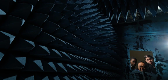 three people looking through ECE's anechoic chamber
